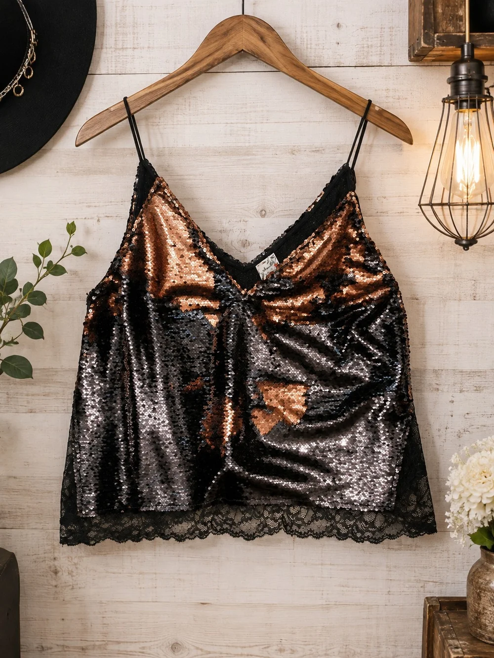 Free People Black and Bronze Swingin Sequin Top